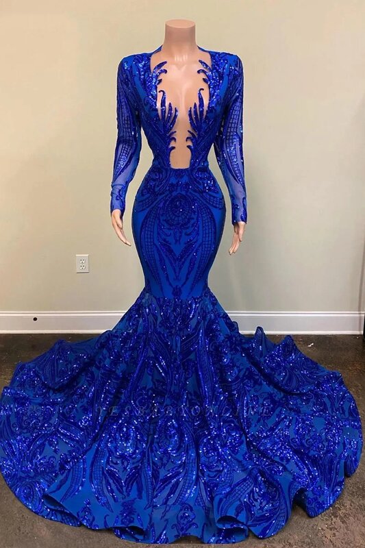Royal Blue Sparkly Long Prom Dresses For Black Girls Long Sleeves Lace Birthday Party Dresses African Evening Gown Robe De