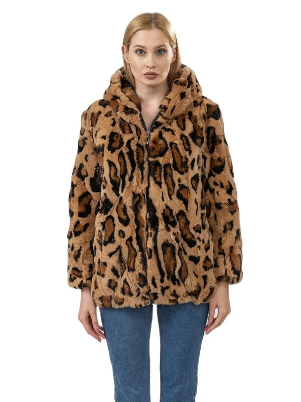 Natural Rex Rabbit Coat With Hood Leopard Brown Woman Fashion Elegant Beautiful Casual New 2023 Autumn Winter Jacket  230615