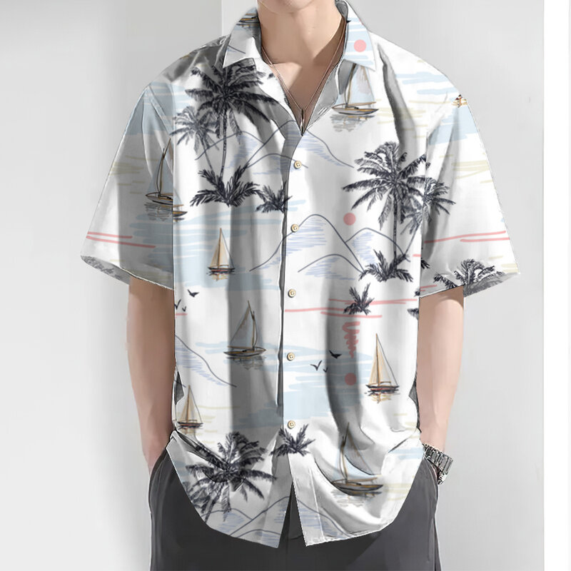 New Hawaiian Shirt For Men3d Coconut Tree Print Short Sleeved Shirt Tops Daily Casual Male Clothing Loose Oversized Shirts 2024