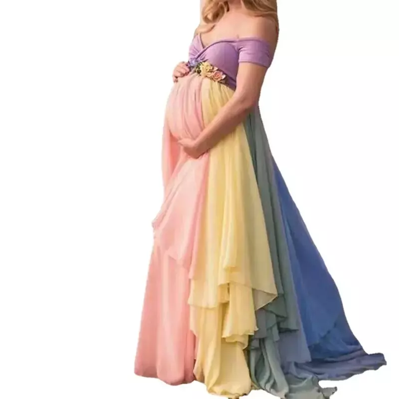 Seksowna dopasowane kolory sukienka do fotografii ciążowej z odkrytymi ramionami sukienka ciążowa suknia wieczorowa Baby Shower zdjęcie rekwizytu