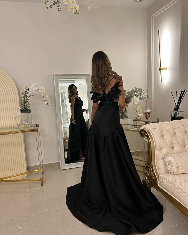 Prom Dresses V Neck Feathers Black A Line Ball Gowns Formal Occasion Evening  Abiti Da Sera  Vestido  Robe Sirene Soiree