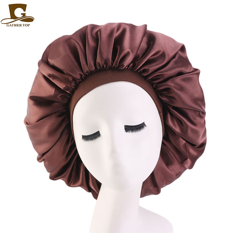 Women Extra Large Print Satin Silky Bonnet Sleep Cap with Premium Elastic Band For Women Solid Color Head Wrap Night Hat