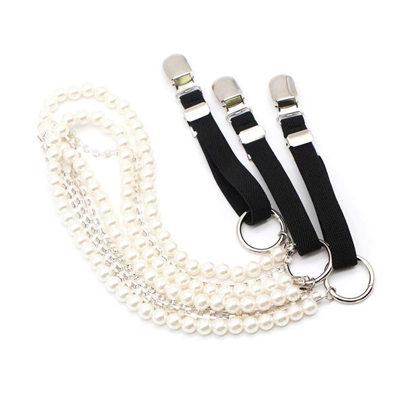 Pearl Chain Suspenders Belts For Women Rhinestone Strap Shirt Decoration Duck-Mouth Clip Outwear Accessories
