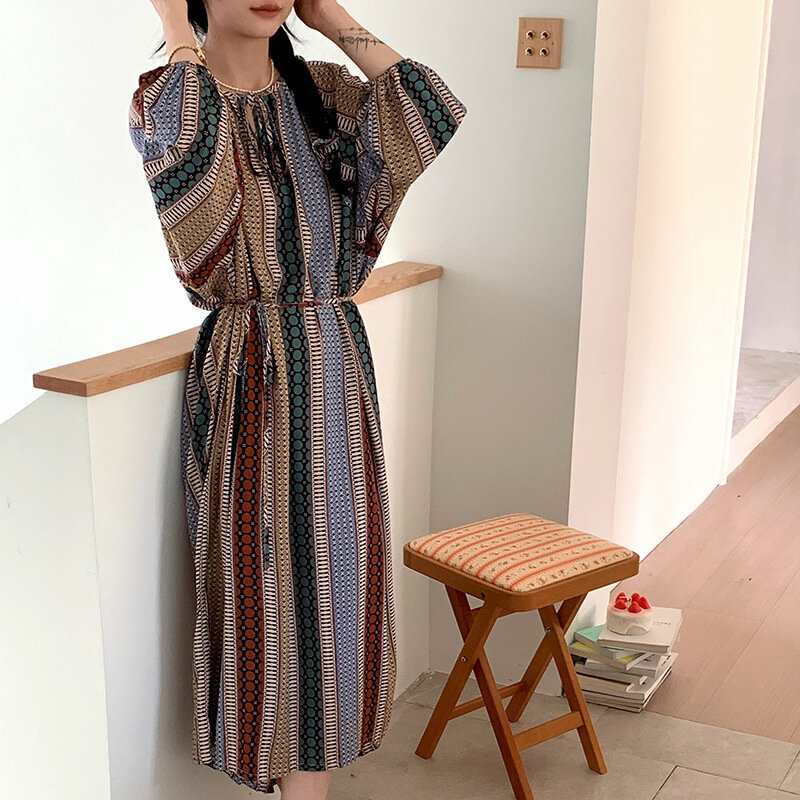 Vestido feminino boêmio com gola redonda, pijama de manga comprida, estampa floral, fino, solto, algodão, seda, roupa de casa, roupas femininas