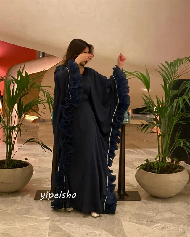 Prom Dress Saudi Arabia Satin Ruffles Draped Engagement A-line V-Neck Bespoke Occasion Dresses Floor-Length