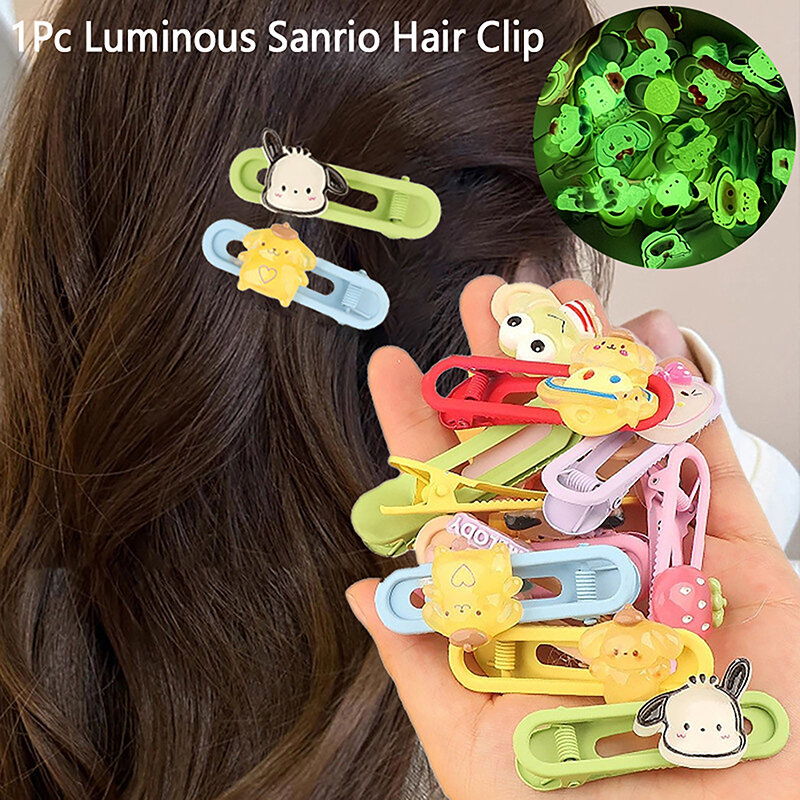 Pinza de pelo luminosa Sanrio para mujer, Hello Kitty Kuromi Melody Sweet Girl, pasador de pelo, flequillo, Clip lateral, tocado, pasador, accesorios para el cabello