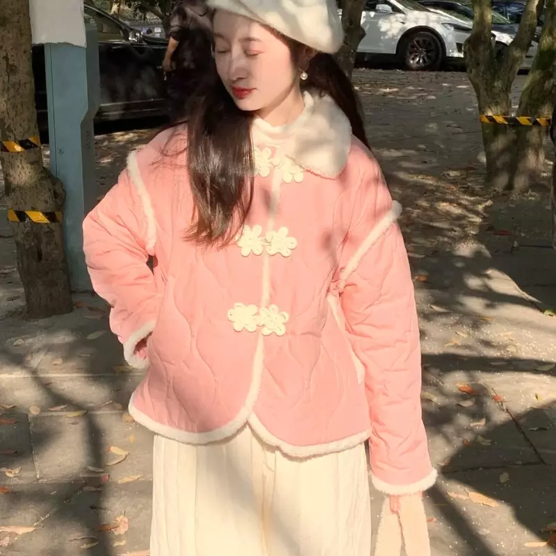 Chinesische Art Frauen Winter Parkas Baggy Pink Vintage süße geste ppte Freizeit pelzigen Mädchen sanft verdicken Knöpfe Design weibliche Mäntel