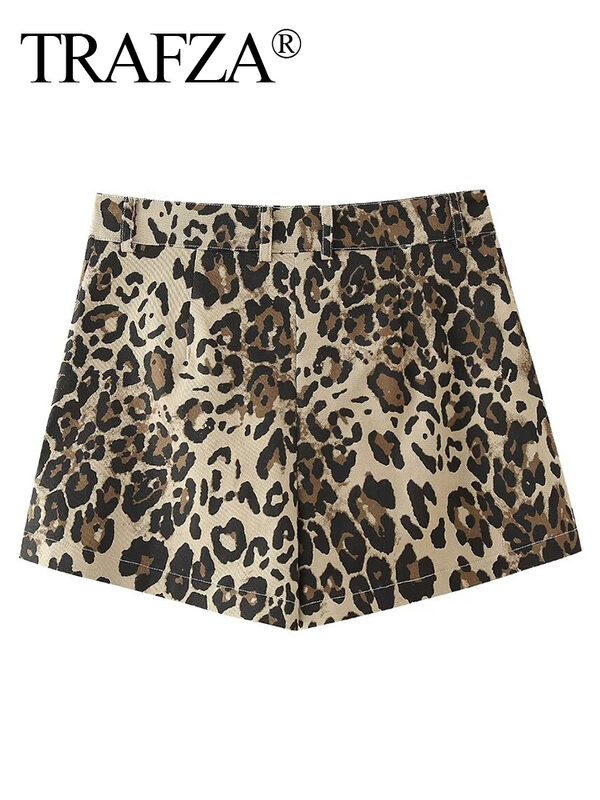 Celana wanita TRAFZA 2024 mode baru musim panas celana pendek macan tutul untuk wanita celana Chic kasual wanita pakaian luar