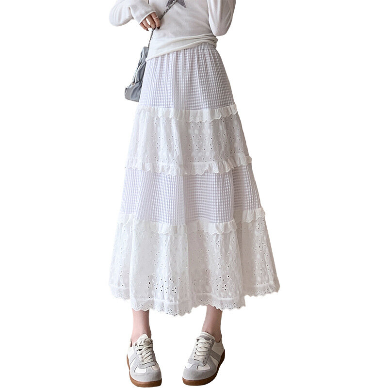 Женская юбка макси в несколько рядов, белая длинная юбка с кружевной отделкой и ушками, с эластичным поясом и цветочным узором, женская летняя юбка для отпуска, юбки Q26