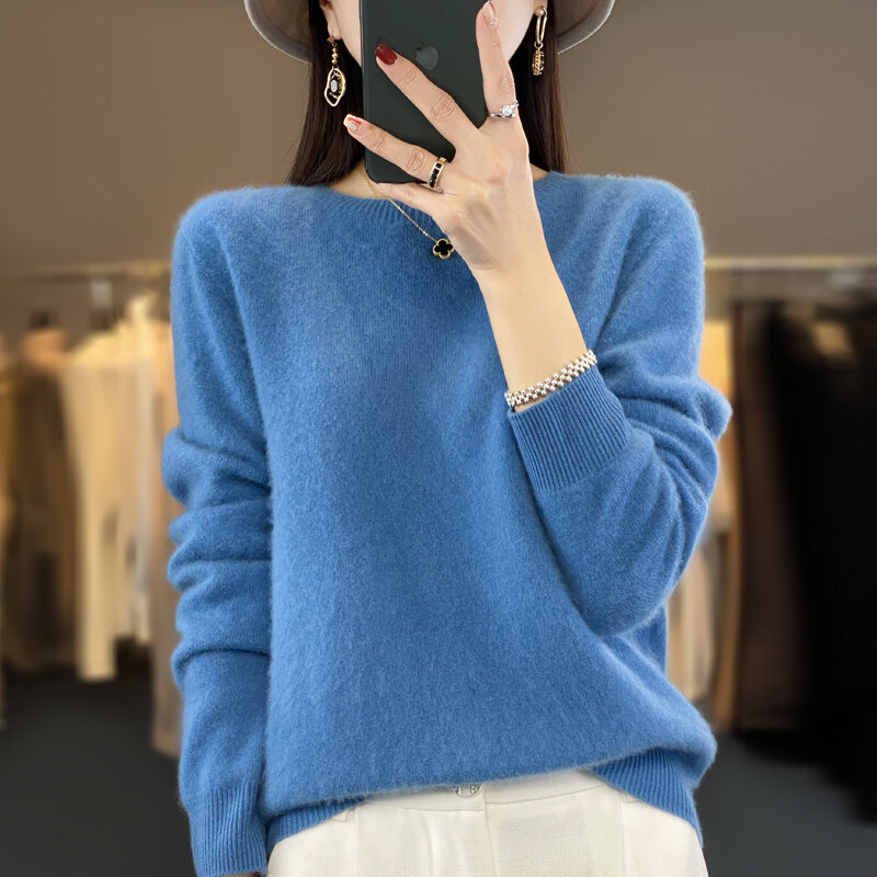 100% wol Merino murni sweter lembut wanita Pullover leher-o musim gugur musim dingin kasual atasan rajut warna Solid pakaian rajut wanita reguler
