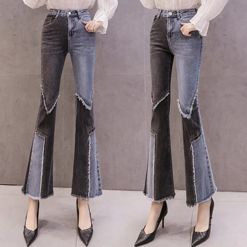 Calça jeans feminina com elástico queimado, cintura alta, calça fina micro queimada, cor combinando, casual esfregando, calça longa, temperamento, nova, 2024