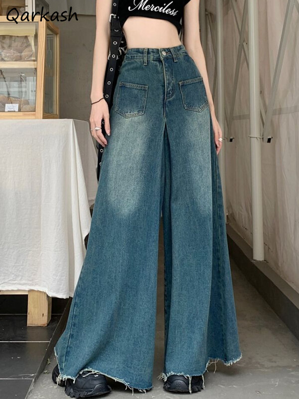 Jeans feminino de cintura alta rasgada, roupa de rua vintage, calça estética de perna larga, Harajuku Personalidade, verão, novo