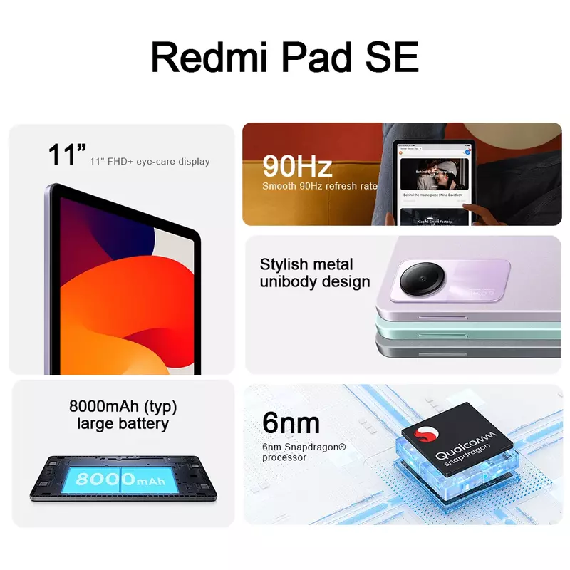 Xiaomi-Tablette Redmi Pad SE, Version Globale, Mi, Snapdragon®Hautréusde façade Dolby Atmos, 680 Go, 128 Go, 256 Go®Écran de 11 Pouces, 8000mAh