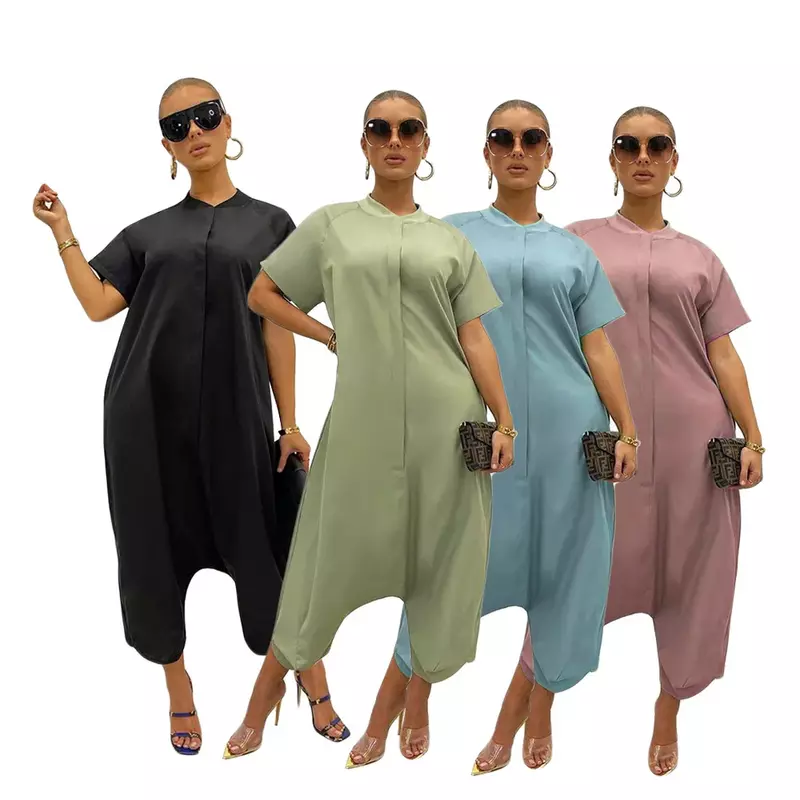 2024 Women's Short Sleeve Round Neck Casual Fashion Solid Color Loose Thin Simple Wide Leg Jumpsuit