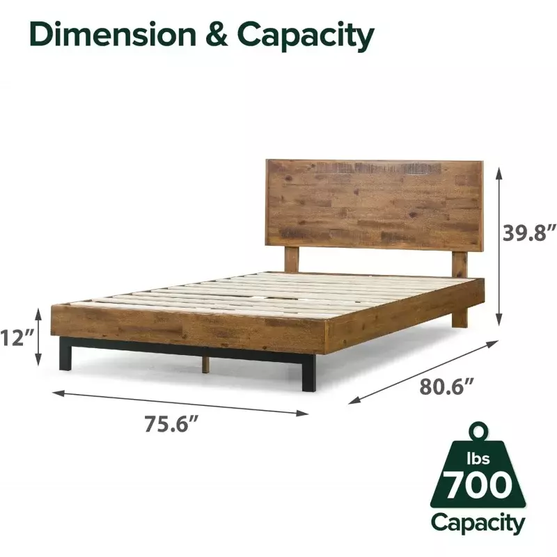 Drewniana rama łóżko z pełnymi bokami ZINUS Tricia z regulowanym zagłówkiem, listwą drewnianą wspornik bez sprężyny skrzynowej, łatwy montaż, król
