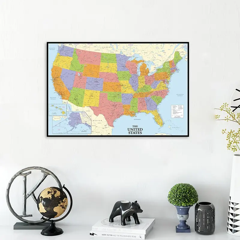 60*40 см политическая карта Соединенных Штатов, холст, живопись, современное настенное искусство, плакат, школьные принадлежности, гостиная, домашний декор