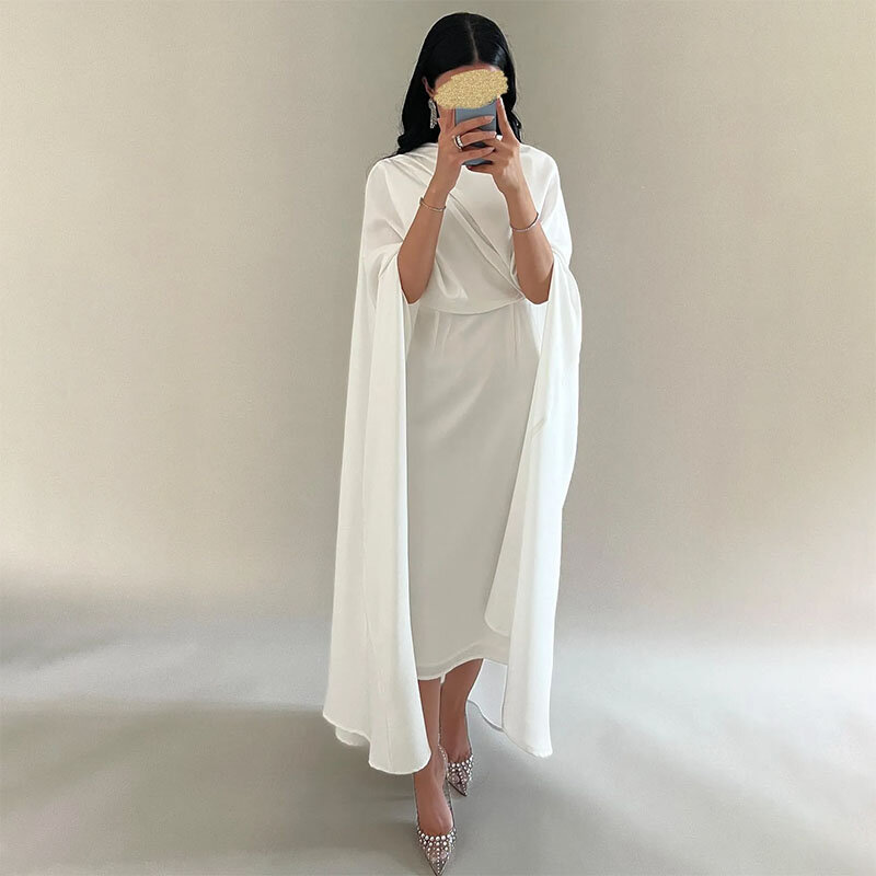 Gaun malam putih elegan lengan panjang leher tinggi dengan jubah lurus gaun acara Formal selutut 2024