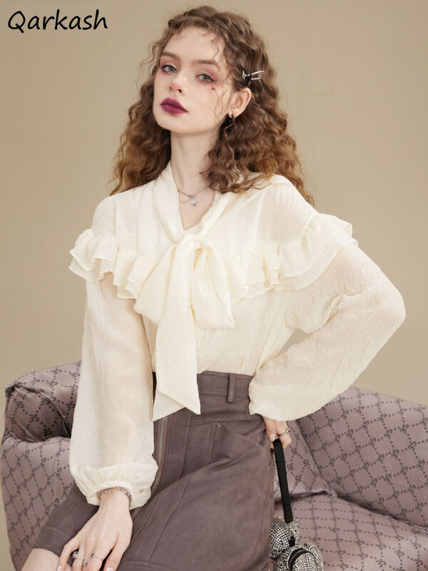 여성 블라우스, 우아한 v넥 긴팔 v넥 상의, 세련된 부드러운 프릴, 가을 패션, 최신 프랑스 스타일