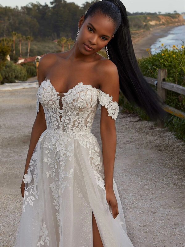 Simple Appliquéd Boho Wedding Dress 2024 Graceful Tulle Bride Gown Graceful Off-The-Shoulder Bride Robe Vestidos De Novia