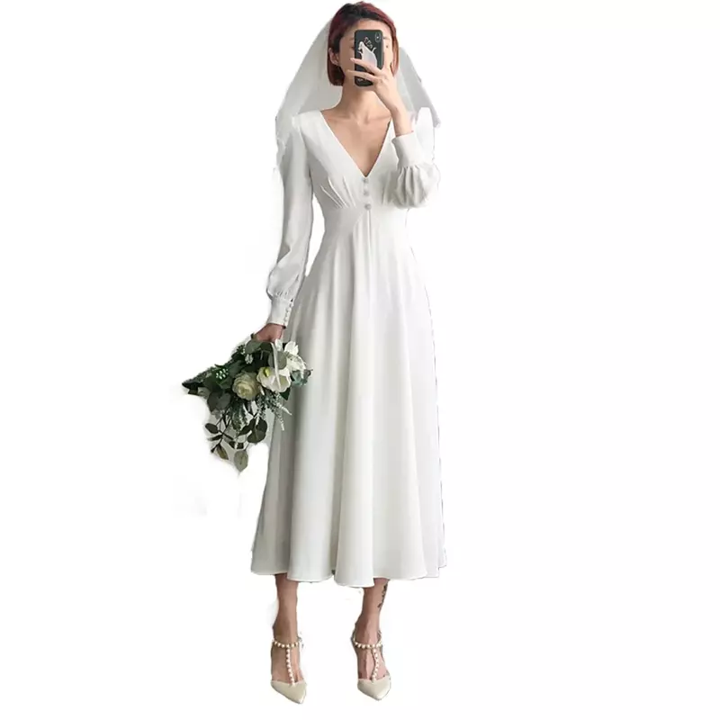 ETESANSFIN-vestido de verano blanco de manga larga para boda, fiesta, reunión de compañero de clase, reunión anual, vida diaria