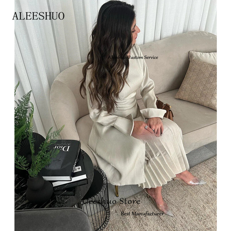 Aleeshuo-Modern Long Satin Prom Vestidos, A-Line, O-Neck, Arábia Saudita, mangas compridas, vestidos de noite, tornozelo plissado de comprimento, Abaya
