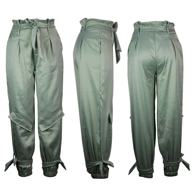 Harajuku Pleated High Waist Trousers Spring Summer Fashion Street Bandage Light Green Womens Pencil Nine Points Pants Plus Size