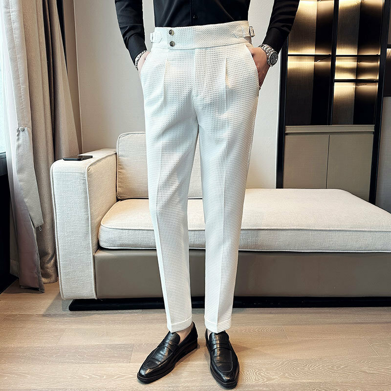 Koreańskie modne spodnie waflowe dla mężczyzn Slim Fit Casual spodnie strój biznesowy wiosna lato biuro społeczne ślubne spodnie