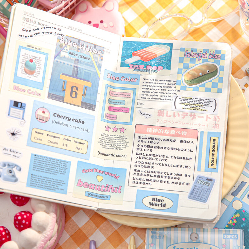 30 halaman stiker gaya Amerika lucu untuk anak-anak stiker kue makanan penutup stiker buku tempel DIY alat tulis dekoratif