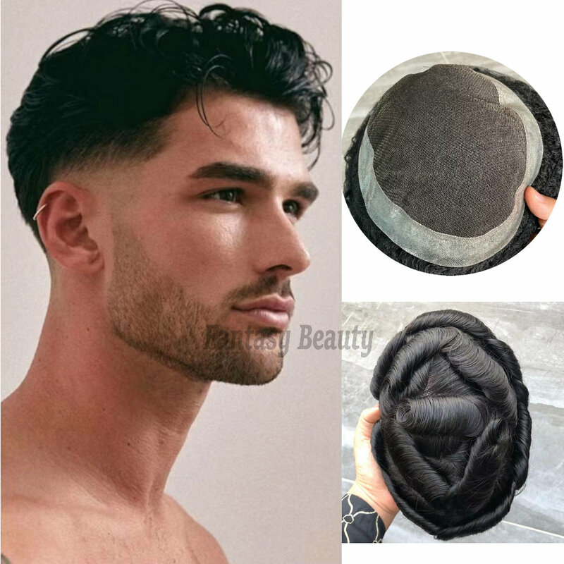 Peruca de renda respirável para homens, peruca macia PU, sistema de substituição do cabelo masculino, prótese capilar, Austrália 100% cabelo humano