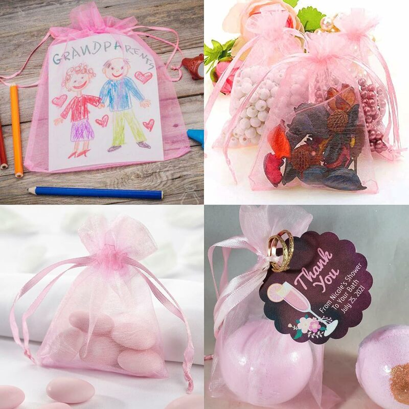 50pcs Pink Organza Storage Bags Drawstring Wedding Party Decoration Gift Pouch Display Jewelry Packaging Supplies Accessories