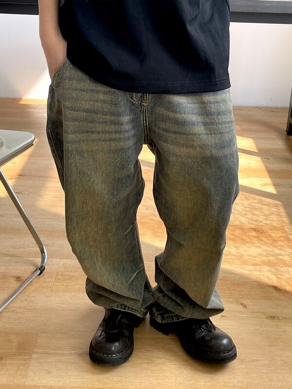 Celana kargo sobek Mode Korea untuk pria pakaian Streetwear Skateboard celana Denim longgar celana panjang lurus Harajuku tren