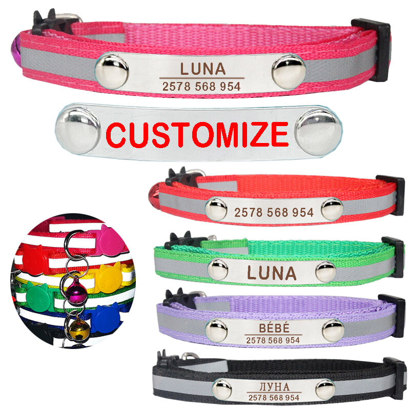 Custom Reflective Cat Collar Personalized ID Adjustable Safety Buckle with Bell Free Engraving Nylon Puppy Kittens Necklace