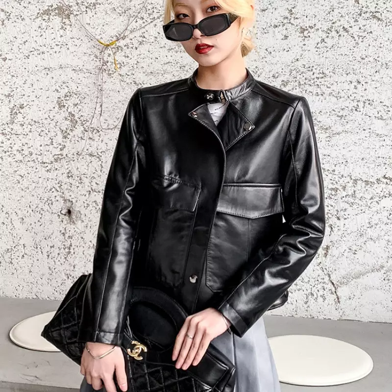 Top Genuine Leather Jacket Women Spring Autumn New Casual Women's Outfits Elegant Leather Fashion Motorcycle Jacket Women Cloth