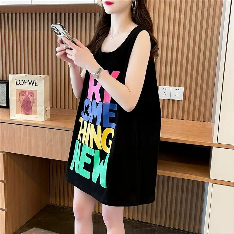 Fashion O-Neck Printed Color Letter Sleeveless T-Shirt Female Clothing 2024 Summer New Loose All-match Tops Casual Tee Shirt