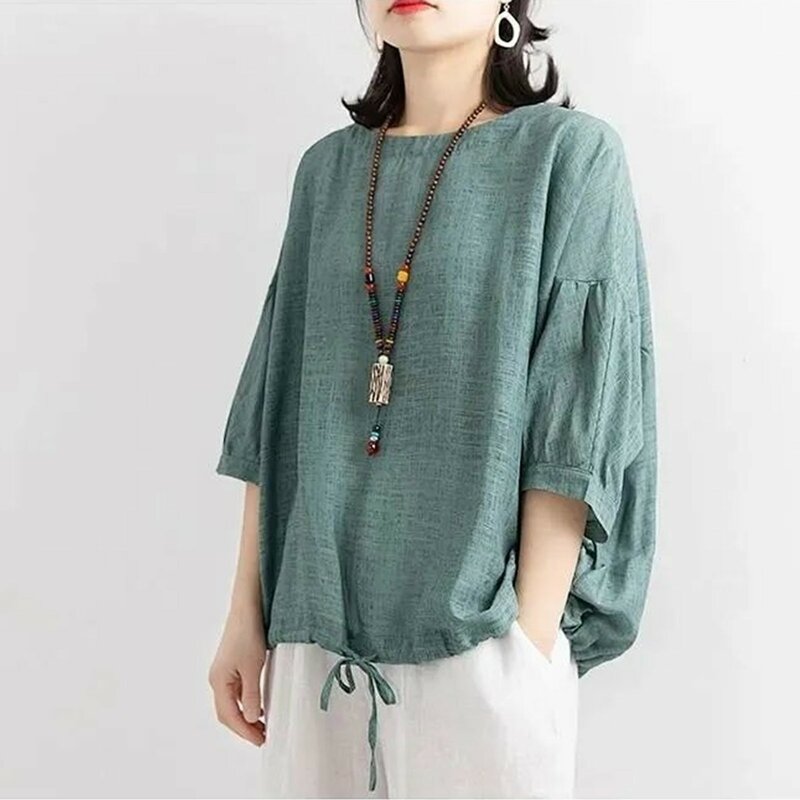 Camisa de linho algodão vintage feminina, blusa solta com o pescoço, tops femininos de manga curta, estilo étnico, moda, verão, 2023