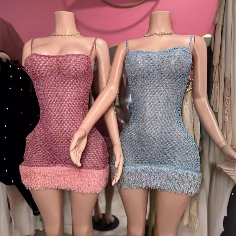 Mini vestido de malha sexy de crochê feminino, cintas de espaguete ocas, Bodycon sem costas, roupas de praia, Clubwear, férias, Camis