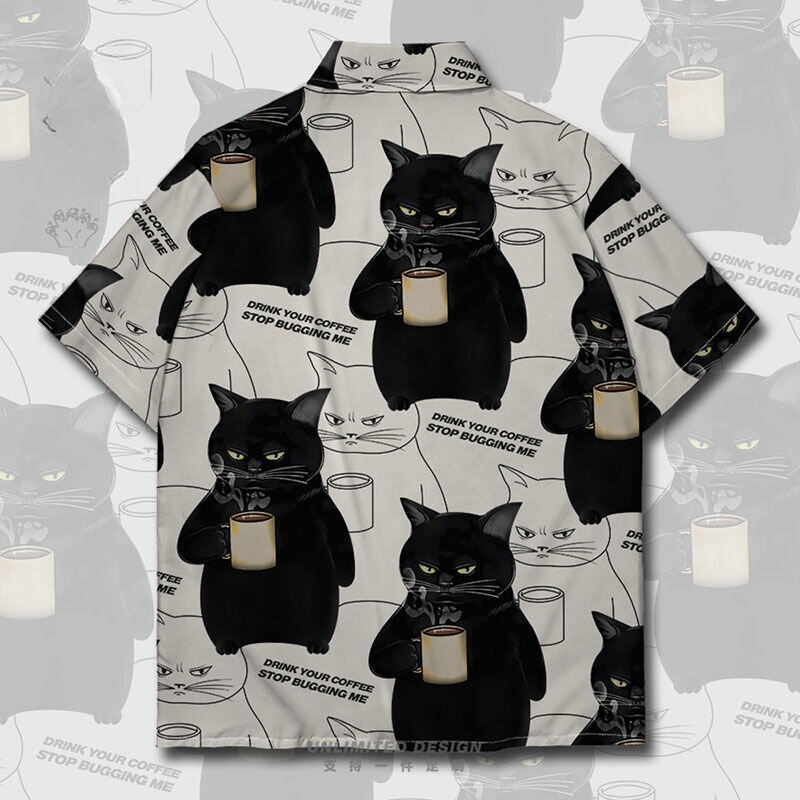 Camisa de manga corta para hombre y mujer, camisa informal holgada de gran tamaño con estampado de gato negro y café, tops y2k, novedad de verano