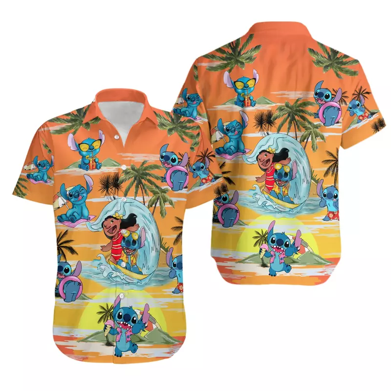 Гавайская рубашка Stitch And Lilo Surf для мужчин, гавайская рубашка Disney, Повседневная летняя рубашка с короткими рукавами и пуговицами для мужчин и женщин