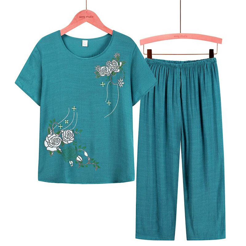 Kobiety w średnim wieku i starsze lato z krótkim rękawem kwiatowy nadruk luźna, bawełniana lniana koszulka Top spodnie z szerokimi nogawkami 2 sztuki kombinezon dla matki