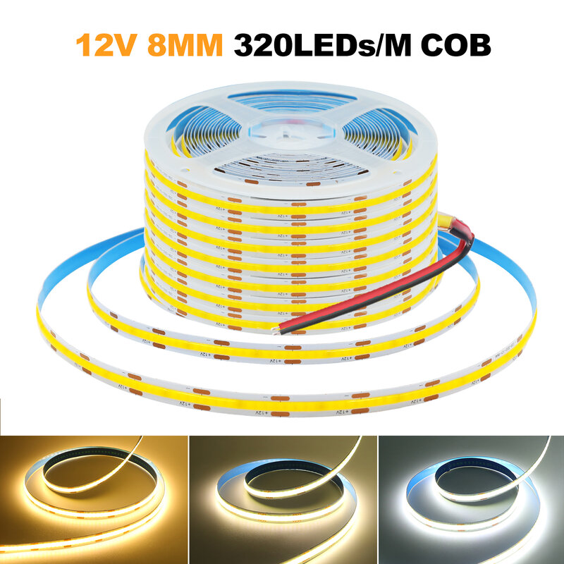 Bande lumineuse LED COB haute densité, DC 12V, 24V, 320LED, M, RA90, blanc, rose, jaune, bleu glacé, rouge, vert, ruban flexible