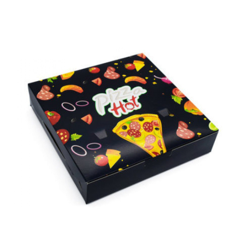 Op Maat Gemaakte Productgroothandel Op Maat Bedrukt 8 10 12 14 16 Inch Fast Food Afhaalmaaltijd Zwarte Golfplaten Pizzadoos