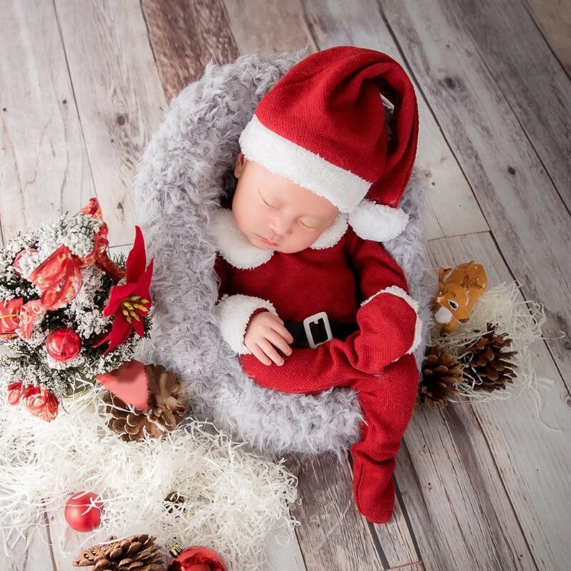 新生児写真撮影小道具サンタ帽子足付きロンパースポーズ衣装シャワーギフト