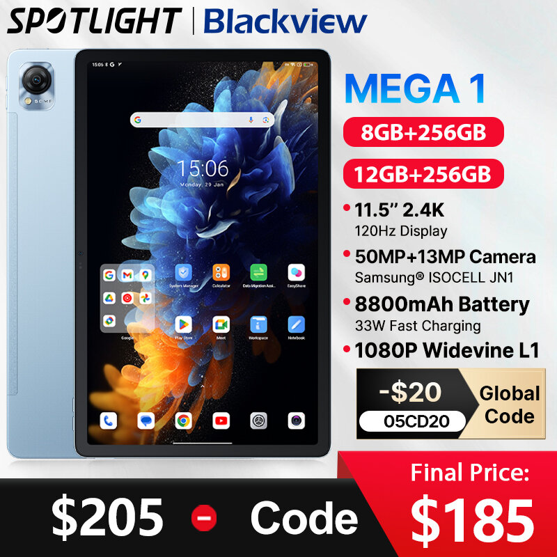 월드 프리미어 Blackview MEGA 1 11.5 인치 2.4K 120Hz 디스플레이, 8GB, 12GB, 256GB, 50MP + 13MP 카메라, 33W 고속 충전 8800mAh 배터리