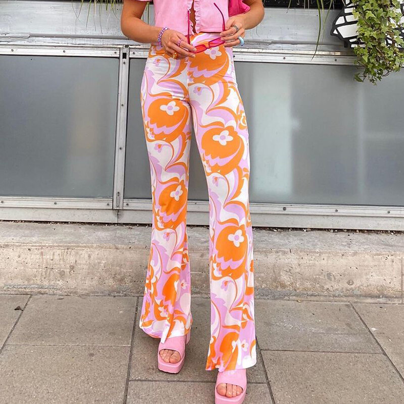 Celana Flare Wanita Pinggang Tinggi Warna Kontras Fashion Gaya Musim Semi Jins Pergelangan Kaki Pinggang Tinggi Print Floral Penuh untuk Anak Perempuan