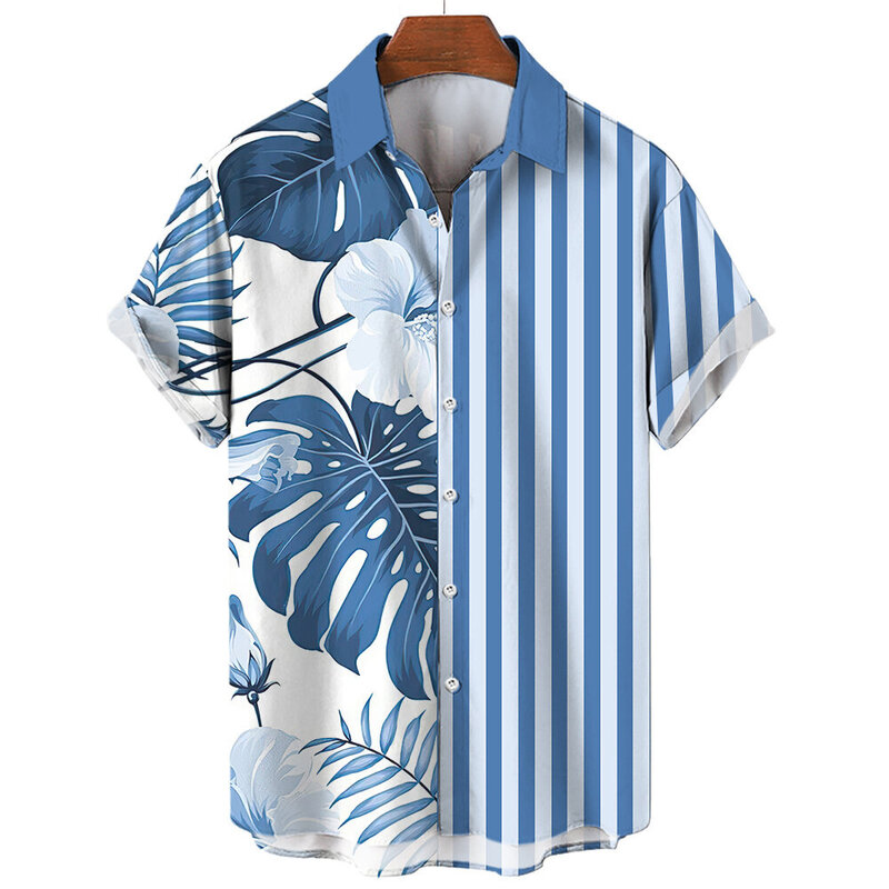 Hawaii kaus lengan pendek pria, atasan cetakan 3D pola bunga bergaris kasual musim panas