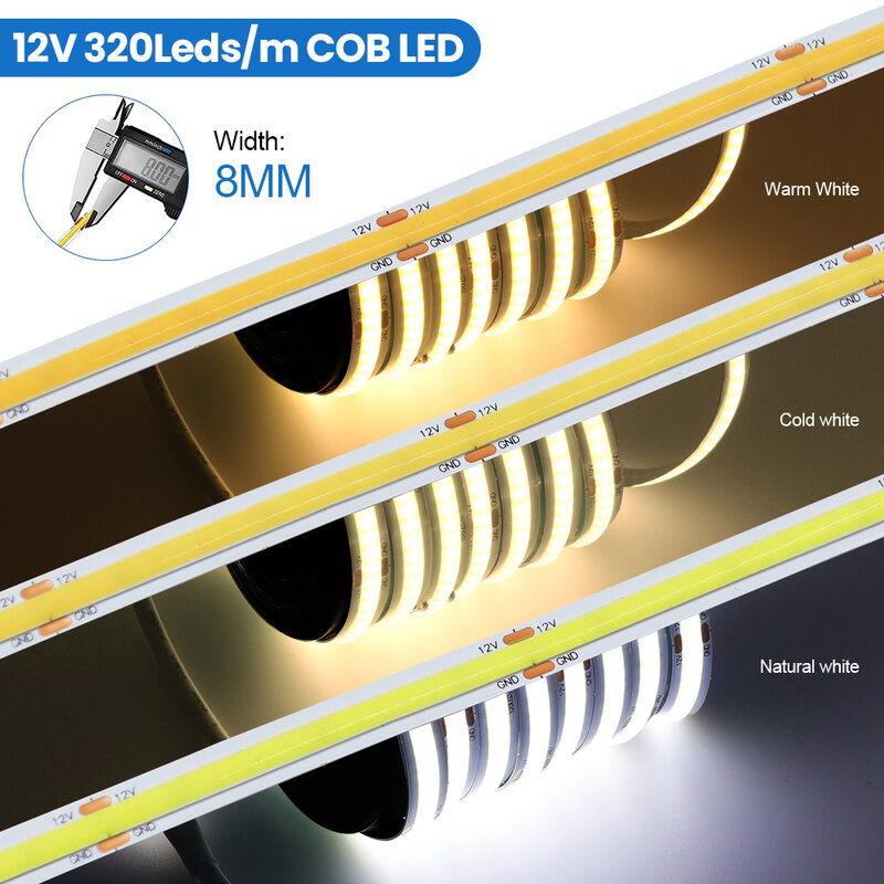 Bande lumineuse LED COB haute densité, DC 12V, 24V, 320LED, M, RA90, blanc, rose, jaune, bleu glacé, rouge, vert, ruban flexible