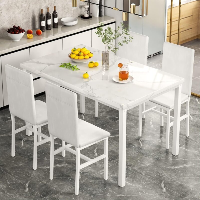 Esstisch für 4, 5-teiliges Marmor-Esstisch set mit 4 Kunstleder-Metallrahmen stühlen für Küche, Bar, Wohnzimmer