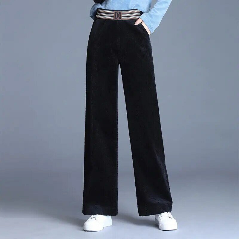 Jesienne zimowe sztruksowe ciepłe proste spodnie w stylu Vintage eleganckie modne wysokiej talii elastyczne luźne dorywczo damskie spodnie z szerokimi nogawkami 2022