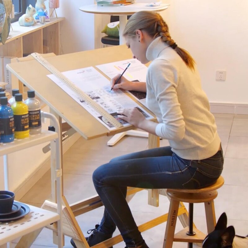 Tavolo da disegno in legno massello MEEDEN, scrivania da disegno per artisti, scrivania da Studio, tavolo artigianale con altezza e inclinazione regolabili