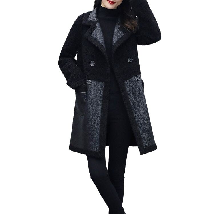 Winter mid length plush and thick suit collar, wearing loose PU leather jacket on both sides for women  coat